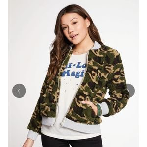 Camo Shearling teddy long sleeve bomber jacket